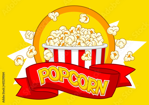 Popcorn in paper striped bucket. Illustration of snack food in cartoon style.