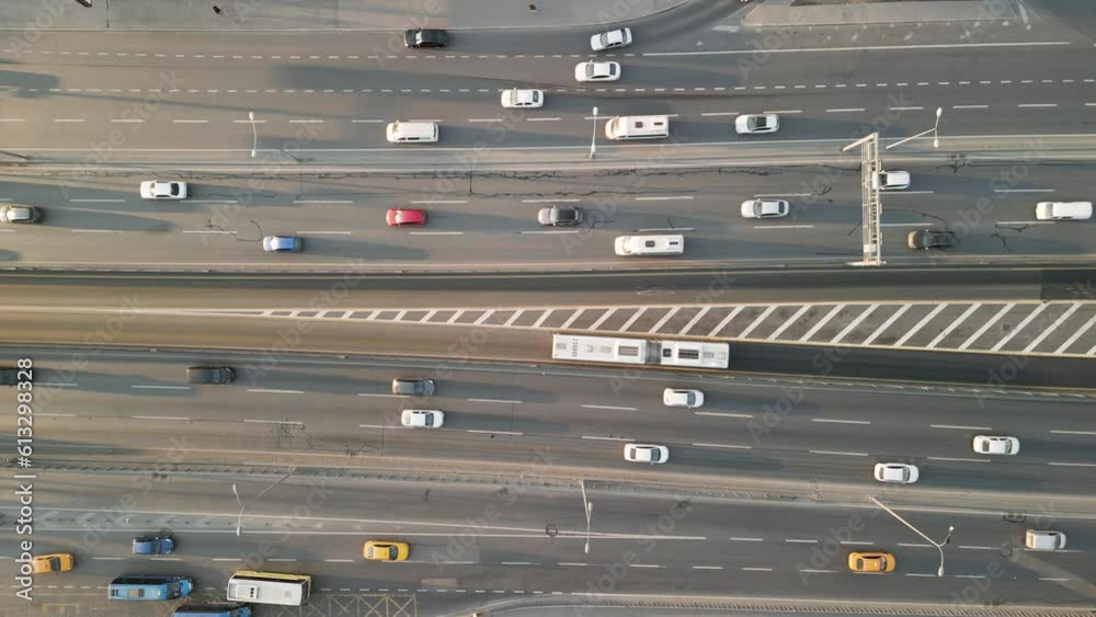 Aerial view of city traffic at sunset
