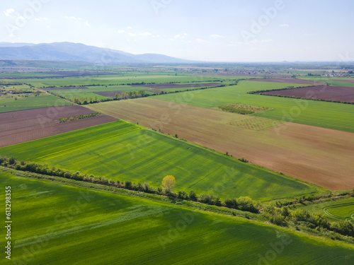 Aerial view of Upper Thracian Plain near town of Asenovgrad  Bulgaria