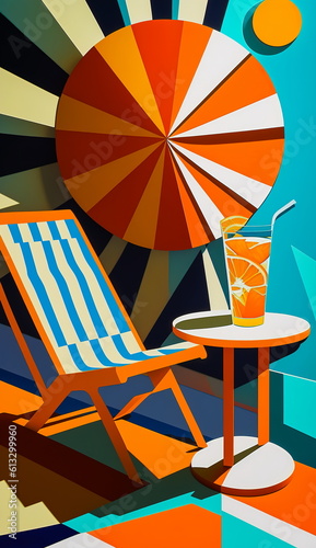 Conceptual stylized image on a summer theme with a sun lounger, orange, cocktails,abstract bright shapes.Generative AI