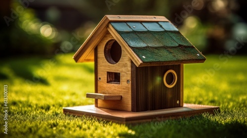Handmade Wooden Birdhouse for Garden Decoration - Providing a Cozy Nesting Place for Small Birds in Nature's Isolated Abode under the Blue Sky, generative AIAI Generated