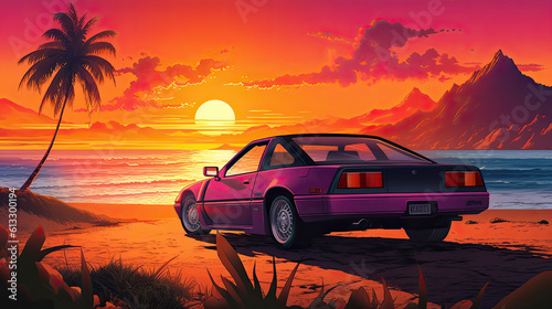80s Sports Car on a Coastal Sunset Drive Illustration © Olga