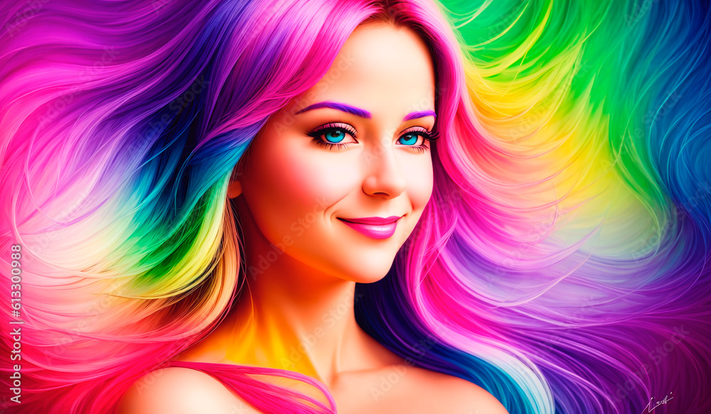 Fashion portrait of a beautiful woman with multi colored hair on bright background. Generative AI.