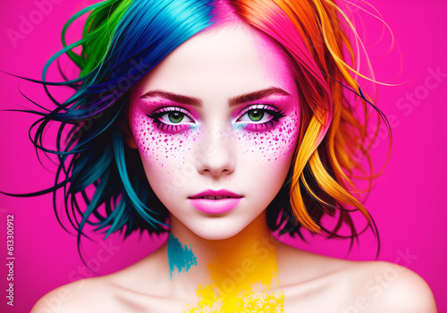 Fashion portrait of a beautiful woman with multi colored hair on bright background. Generative AI.