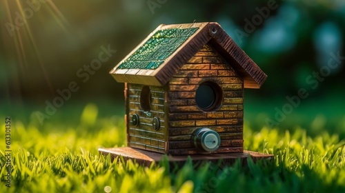 Nature's Haven: Wooden Birdhouse for Small Birds with Isolated Shelter and Object, Perfect for Spring Gardening in Blue and White Sky, generative AIAI Generated © Aleksandr