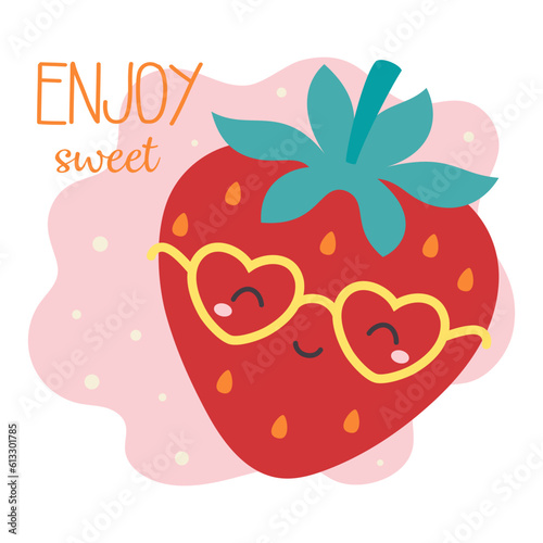 summer card with cute cartoon strawberry character