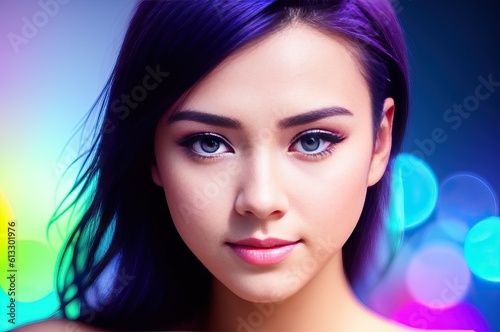 Close up Portrait of shiny sweet caucasian or hispanic lady against colorful background. Beautiful sexy woman with dark hair and in attractive look poses for a picture. Generative AI