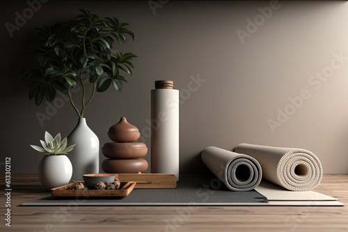 yoga essentials arranged on a rustic wooden floor. Generative AI