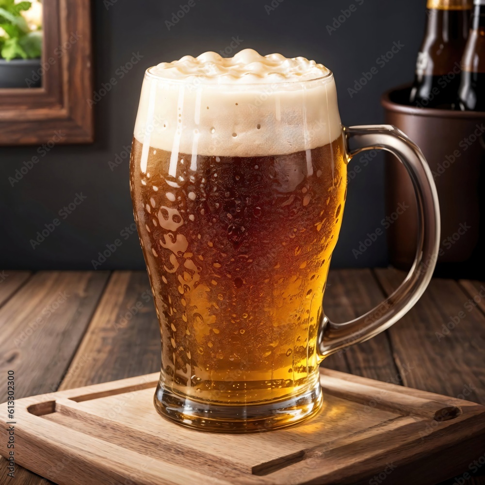 Glass of beer with foam on a wooden table in a pub. AI-generated Glass of beer with foam on a wooden table in a pub. AI-generated