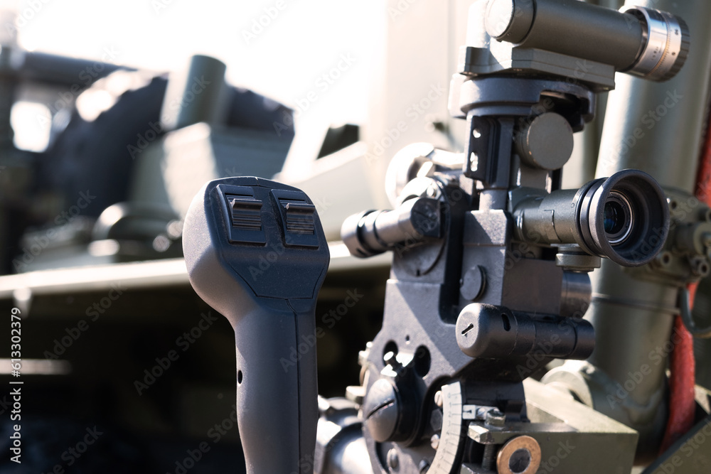 Control and optical sight of a multiple launch rocket system, close-up, military equipment