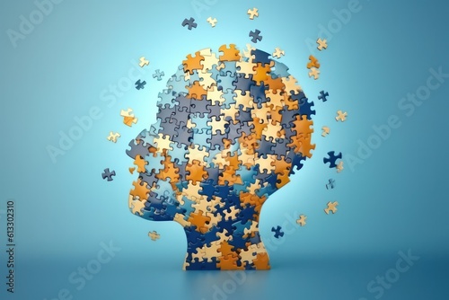 Small multi-colored jigsaw puzzle pieces shaped as human head on light blue background