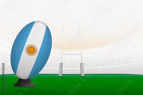 Argentina national team rugby ball on rugby stadium and goal posts, preparing for a penalty or free kick.