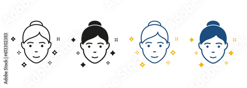 Woman with Beauty Face Skin Line and Silhouette Icon Set. Facial Health, Fresh Female Face with Clean Skin Black and Color Pictogram. Hygiene Skincare Symbol Collection. Isolated Vector Illustration