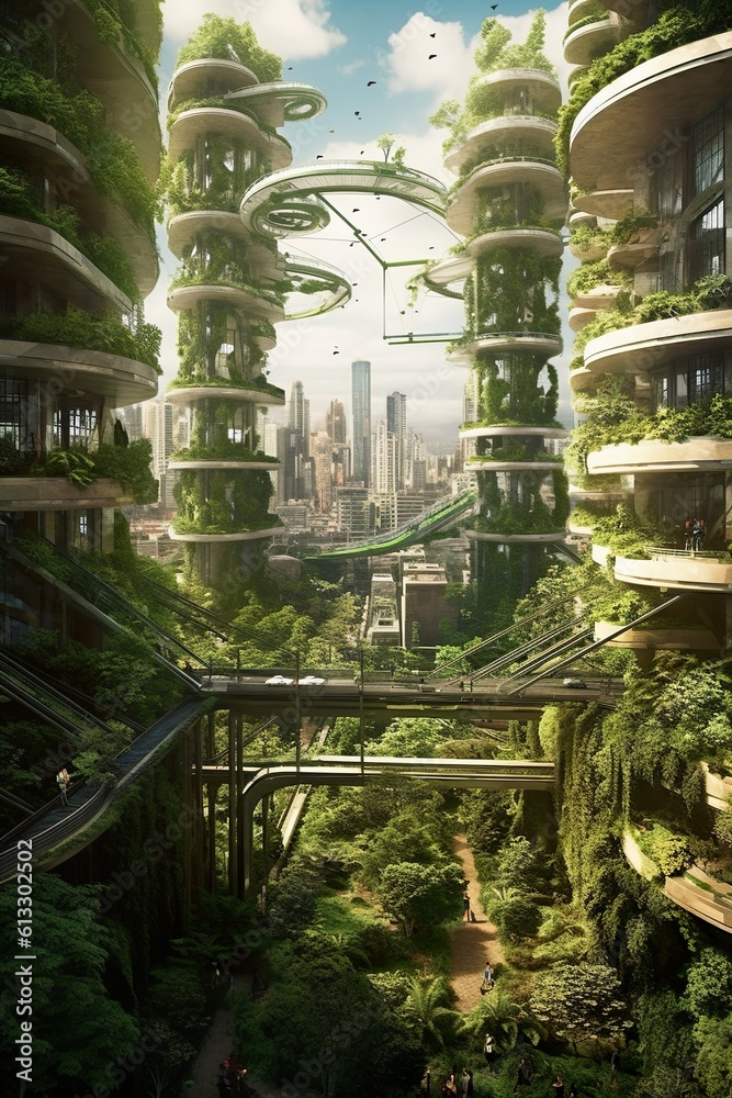 By the year 2050, cities around the world have undergone significant changes in their architectural design and infrastructure. Skyscrapers with vertical gardens, renewable energy dominate the skyline.