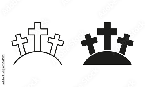 Cemetery with Tombstone and Cross Line and Silhouette Black Icon Set. Gravestone, Tomb, Tombstone Pictogram. Spooky Graveyard, Halloween Symbol Collection. Isolated Vector Illustration