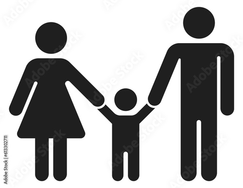 Mother and father holding hands with kid. Happy family black icon