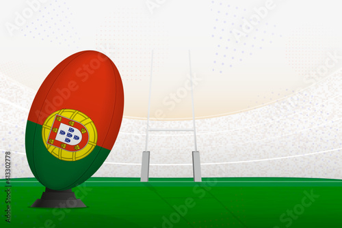 Portugal national team rugby ball on rugby stadium and goal posts, preparing for a penalty or free kick.