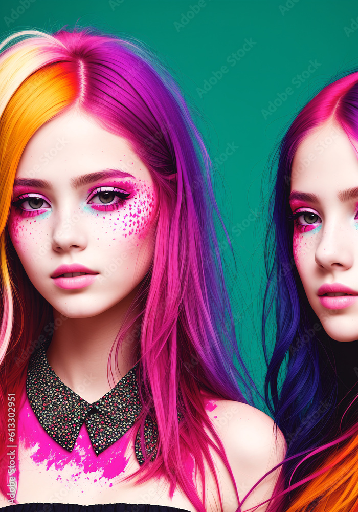 Fashion portrait of a beautiful girls with multi colored hair on bright background. Generative AI.