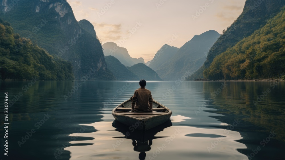 A zen man, seated at the front of a boat, meditates while contemplating the calm and magnificent landscape of a lake surrounded by mountains.