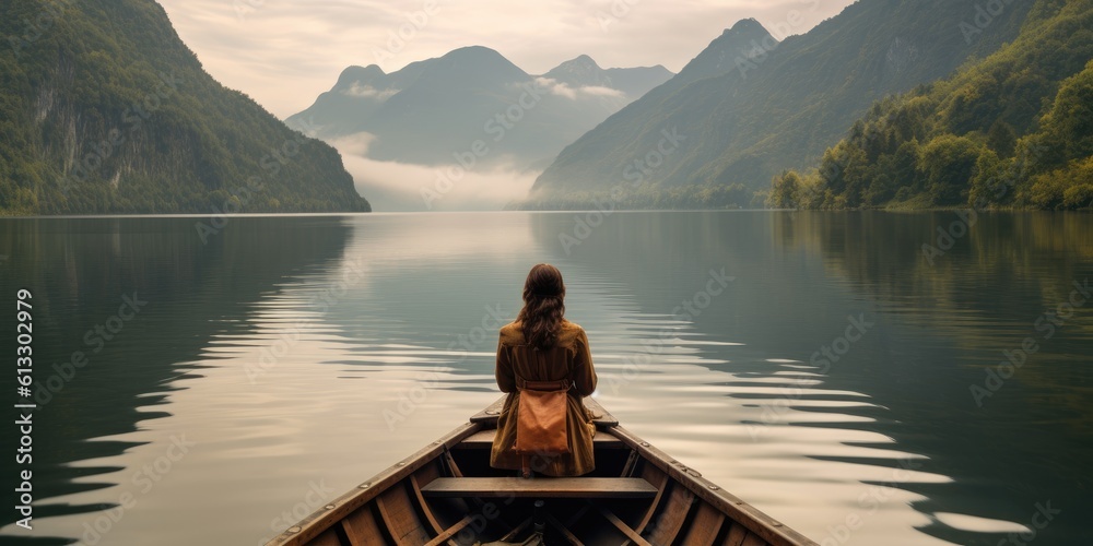 A zen woman, seated at the front of a boat, meditates while contemplating the calm and magnificent landscape of a lake surrounded by mountains.