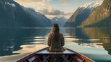 A zen woman, seated at the front of a boat, meditates while contemplating the calm and magnificent landscape of a lake surrounded by mountains.