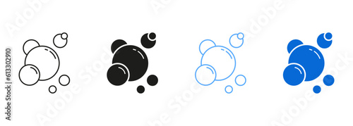 Clear Soda Drops Line and Silhouette Icon Set. Soap Symbol Collection. Fizzy Drink, Water Bubble Black and Blue Pictogram. Sphere Foam, Aquarium. Effervescent Champagne. Isolated Vector Illustration