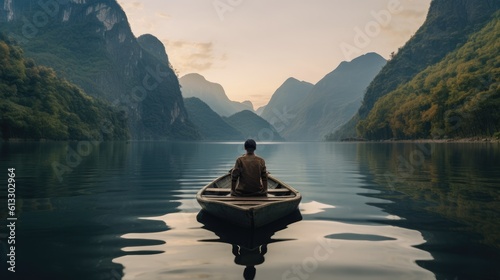 A zen man, seated at the front of a boat, meditates while contemplating the calm and magnificent landscape of a lake surrounded by mountains.