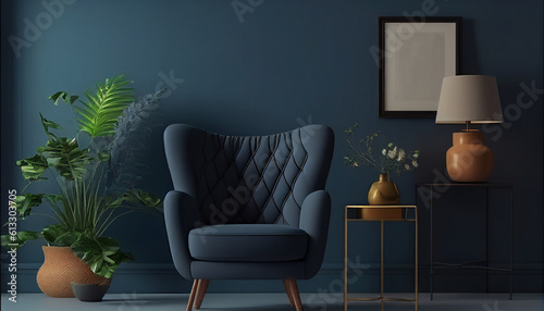 Interior of a room, Mock up of a living room decor with an armchair against an empty black wall, Generative AI
