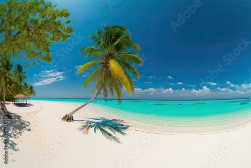 A big panoramic background concept of a tropical paradise beach with white sand and coco trees for a travel traveler. Generative AI