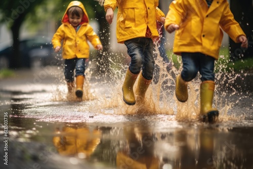 Fotografie, Tablou Several children wearing rain yellow boots, jumping and splashing in puddles as rain falls around them