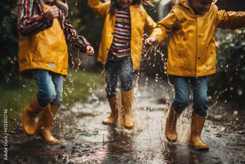 Several children wearing rain yellow boots, jumping and splashing in puddles as rain falls around them. The shot convey a strong summer vibe, be a close - up.