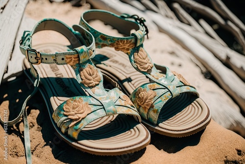 Beach sandals, summer shoes, vacation sandals, sand sandals, vacation sandals. Generative AI