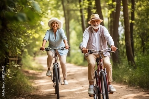Joyful senior couple pedaling bikes along park path, delighting in outdoor adventure