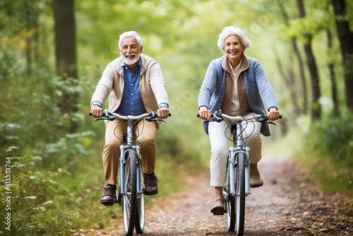 Happy elderly man and woman riding bicycles on ground road stretching in autumn forest