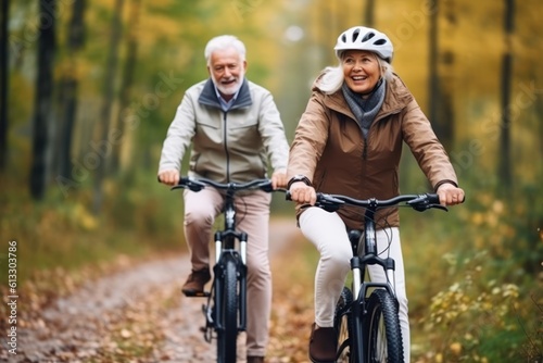 grey-haired couple enjoying a bike ride on the park road