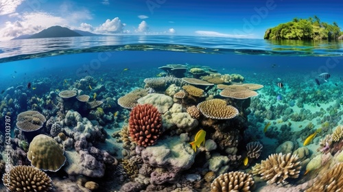 Underwater sea life coral reef panorama with many fishes and marine animals © radekcho