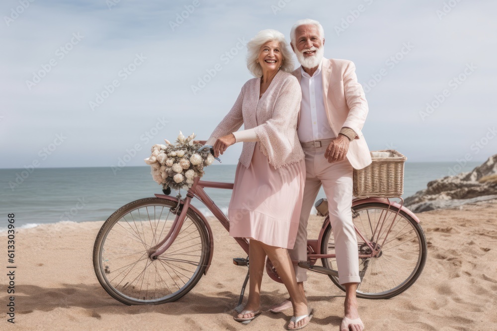 stylish senior couple with bicycle at the beach together , delighting in outdoor adventure