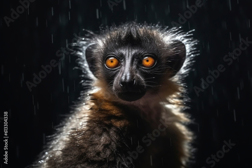 Close-up portrait of a lemur with wet hair - isolated, black background, copy space, Generative AI
