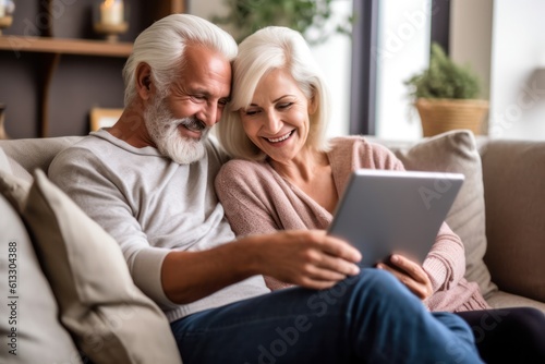 retired couple, with smiles on their faces, enjoy a digital tablet on sofa, savoring modern gadget i