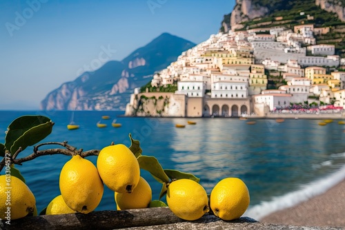 Amalfi, Italys Mediterranean coast, with lemons in the foreground. Generative AI photo
