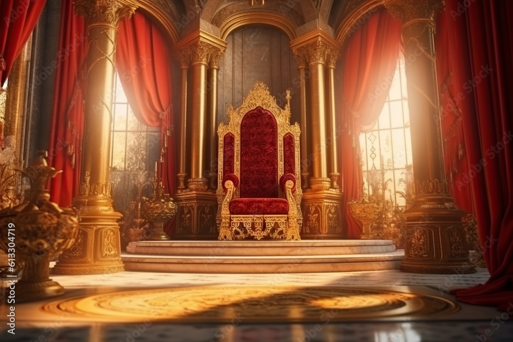 Fototapeta premium illustration, the throne room with golden chair, ai generative