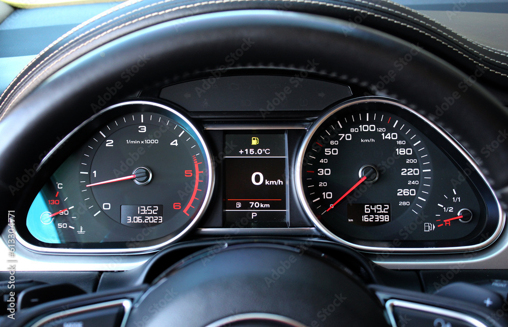 Vinnytsia, Ukraine; June 3, 2023. Audi Q7 Quattro SLine speedometer
