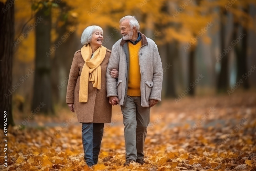 Happy senior man and woman walking on scattered yellowed leaves in scenic autumn park