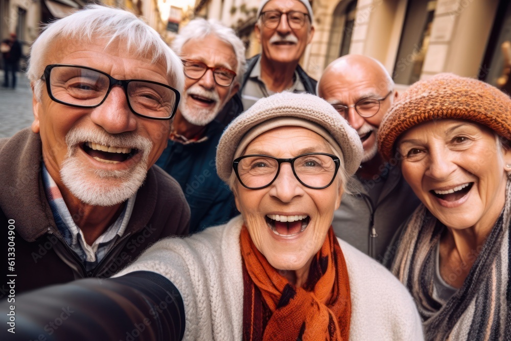 Group of happy senior friends looking in camera and smiling while taking selfies