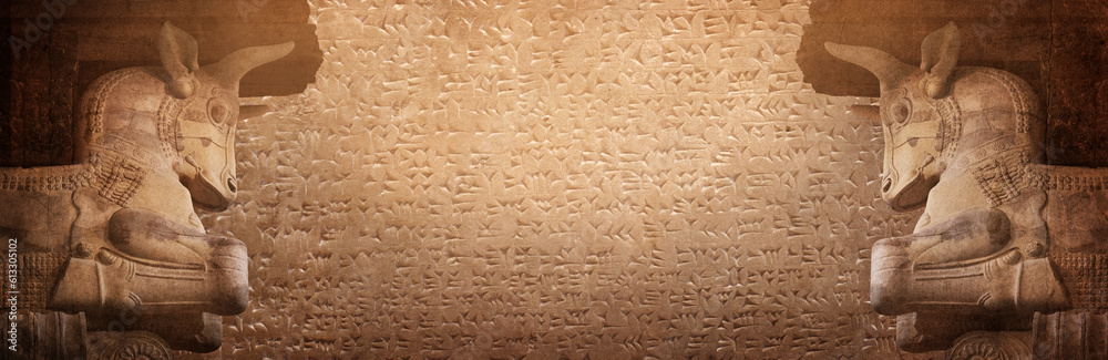 Ancient cuneiform Sumerian text and bull statue, a mythical Assyrian deity. Historical background on the theme of civilizations of Assyria, Mesopotamia, Babylon, interfluve, Sumerian. Ancient cuneiform Sumerian text and bull statue, a mythical Assyrian deity. Historical background on the theme of civilizations of Assyria, Mesopotamia, Babylon, interfluve, Sumerian.