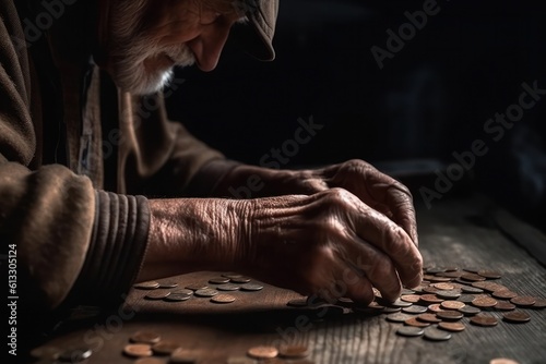Poor elderly man with grey beard counting coins sitting at wooden table