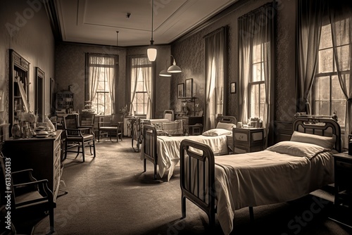 illustration, the flu room in the hospital, during the Spanish flu epidemic, ai generative