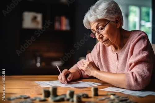 Focused senior woman in glasses writing down calculations sitting at table near stacks of coins