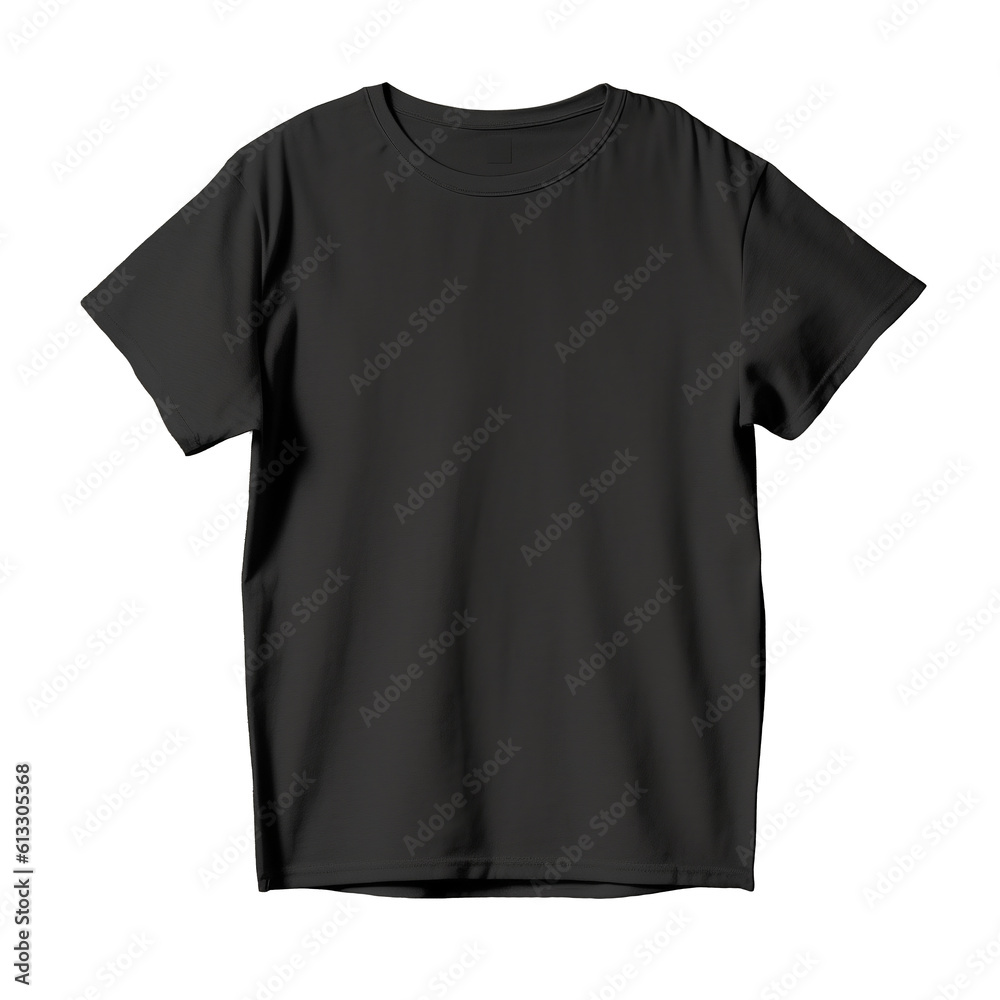 The front of the black T-shirt isolated. mockup with copy space. Hanging Tshirt template. Generative ai