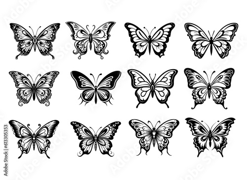 Black outline silhouette butterfly vector set. Collection of insects. Mascot icons illustration.